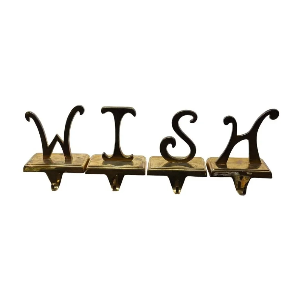 4 Vintage POTTERY BARN Christmas Stocking Holders‎ WISH Brass Gold